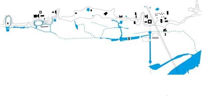 Schemat systemu wodnego ośrodka sportowego SKS Warszawianka w układzie skarpy warszawskiej, 2015, materiały badawcze (responsywność lądu i wody) do wystawy Amplifikacja natury, opracowanie: CENTRALA i Skwer Sportów Miejskich